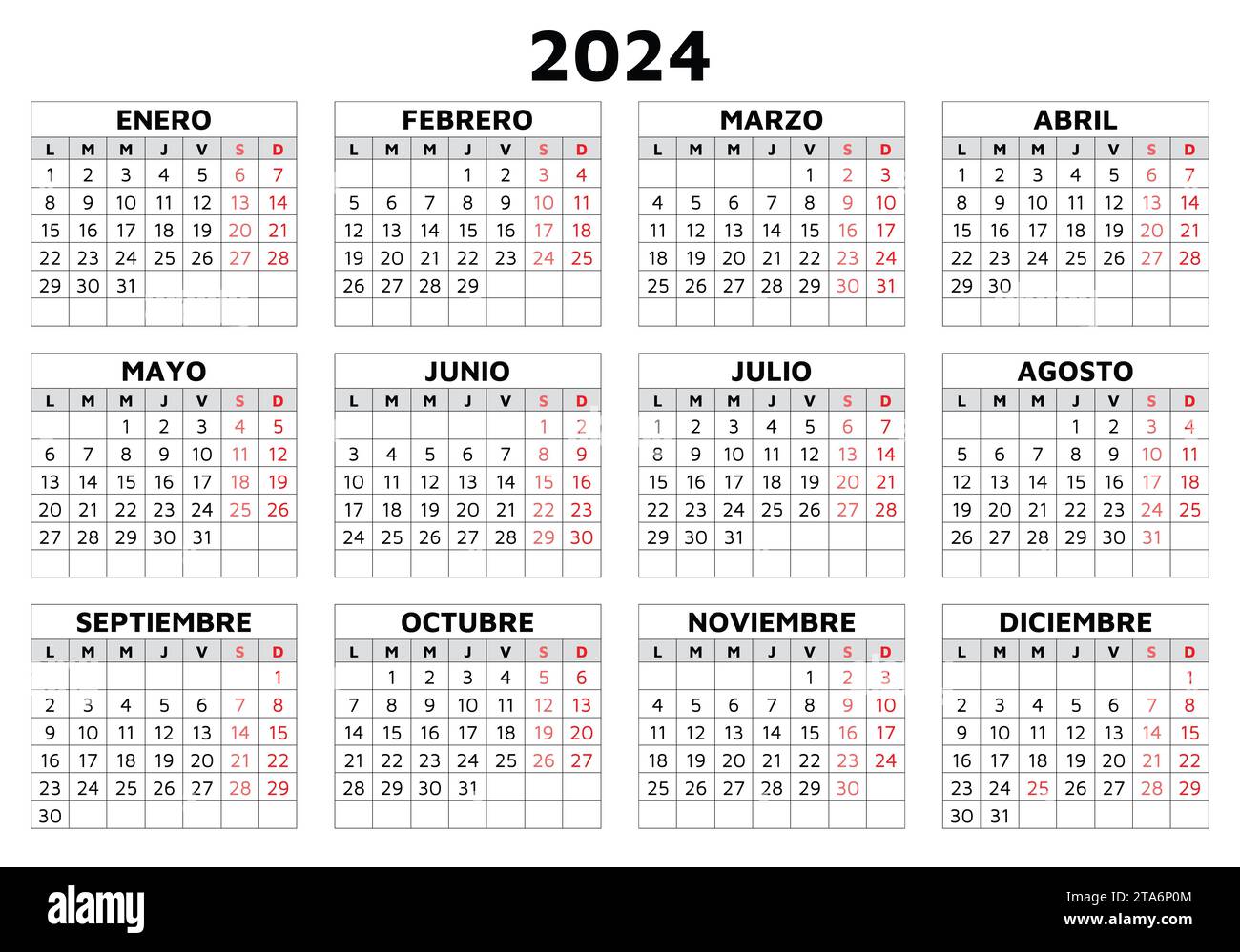 spanischer Kalender 2024. Einfache druckbare Vektorvorlage mit
