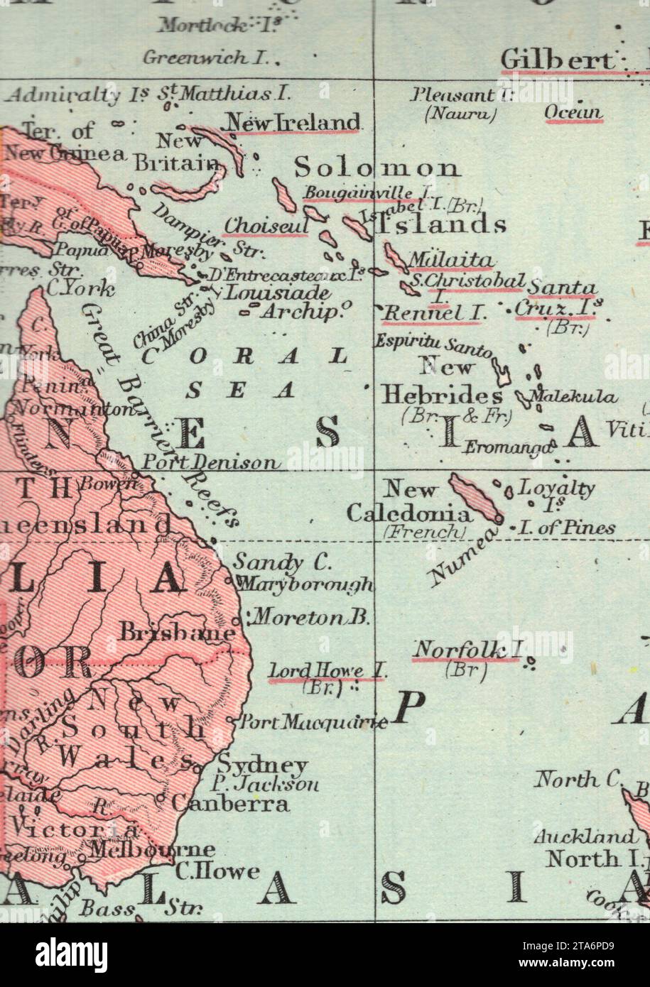 Eine alte/antike politische Karte der Ostküste Australiens in Sepia. Stockfoto