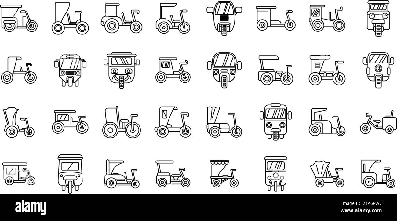 Trishaw-Symbole legen den Konturvektor fest. indischer Fahrradtransport. Taxi mit dem Fahrrad Stock Vektor