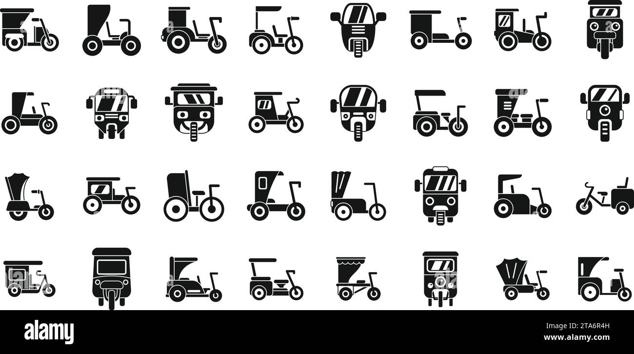 Trishaw-Symbole legen einen einfachen Vektor fest. indischer Fahrradtransport. Taxi mit dem Fahrrad Stock Vektor
