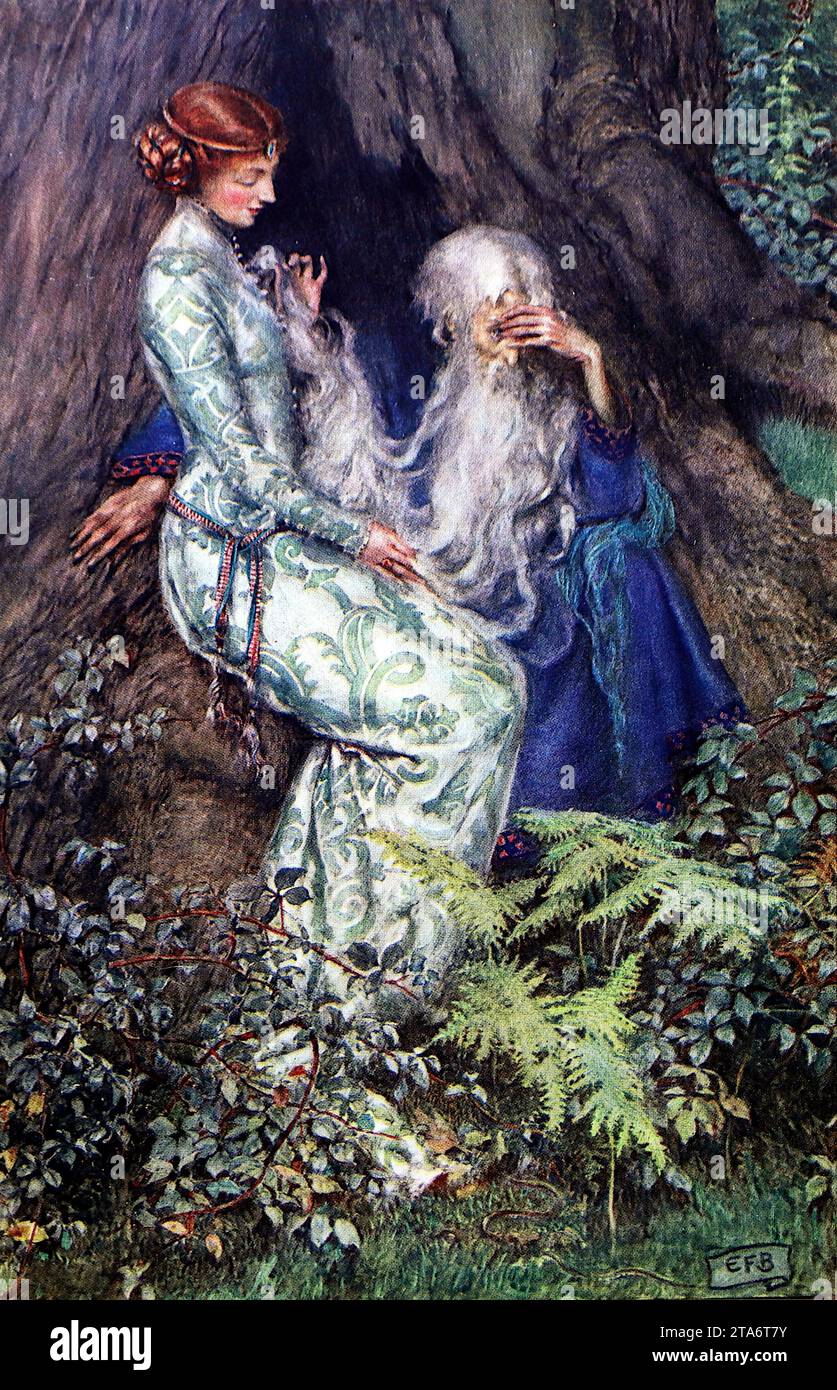 Vivien: Sitzt am Fuß eines Baumes mit einem älteren Mann. Colour Illustration, um 1911, von Eleanor Fortescue Brickdale (1872–1945), spielt in König Arthurs England. Eleanor war ein Künstler, der viele Illustrationen für Bücher malte, die oft in kräftigen Farben gehalten wurden. Sie studierte bei Herbert Bone an der Crystal Palace School of Art und später an der Royal Academy School und lehrte später Kunst an der Byam Shaw School of Art Stockfoto