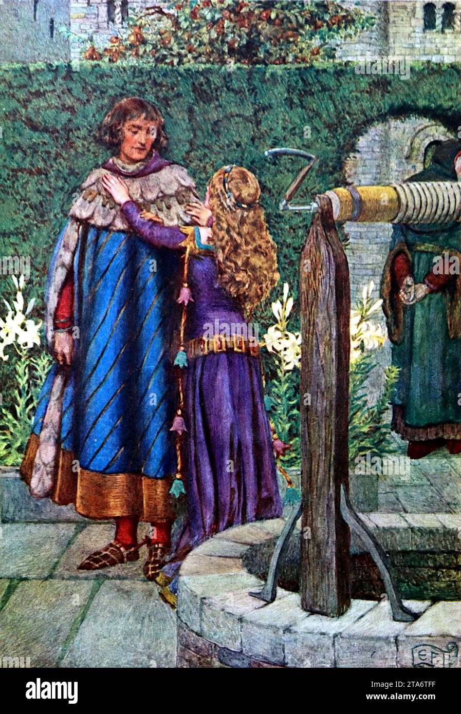 (Elaine) neben einem Brunnen mit Sir Lancelot. Colour Illustration, um 1911, von Eleanor Fortescue Brickdale (1872–1945), spielt in König Arthurs England. Eleanor war ein Künstler, der viele Illustrationen für Bücher malte, die oft in kräftigen Farben gehalten wurden. Sie studierte bei Herbert Bone an der Crystal Palace School of Art und später an der Royal Academy School und lehrte später Kunst an der Byam Shaw School of Art Stockfoto