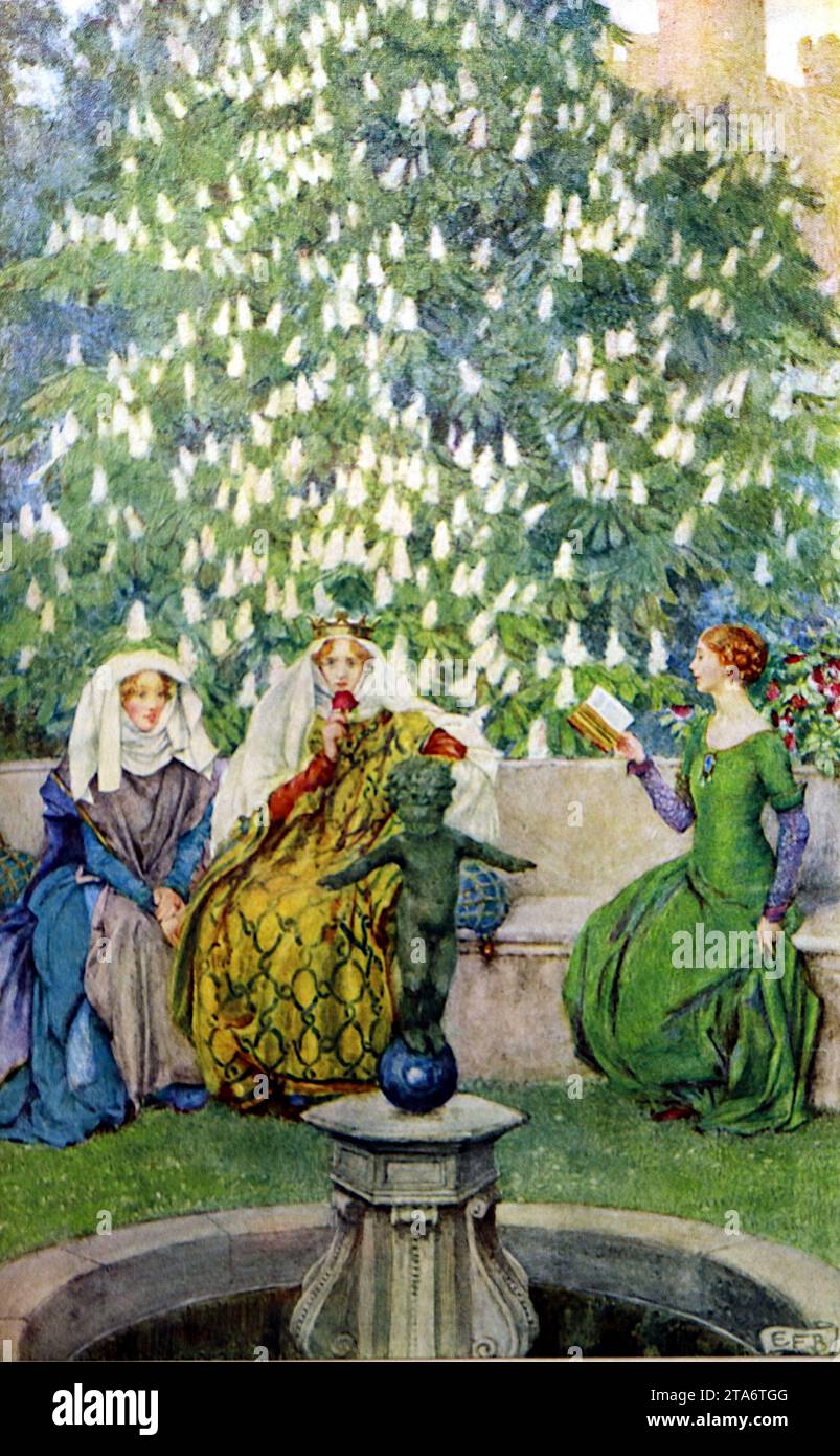 Guinevere: Die Königin sitzt in einem Garten mit zwei Dienern. Colour Illustration, um 1911, von Eleanor Fortescue Brickdale (1872–1945), spielt in König Arthurs England. Eleanor war ein Künstler, der viele Illustrationen für Bücher malte, die oft in kräftigen Farben gehalten wurden. Sie studierte bei Herbert Bone an der Crystal Palace School of Art und später an der Royal Academy School und lehrte später Kunst an der Byam Shaw School of Art Stockfoto