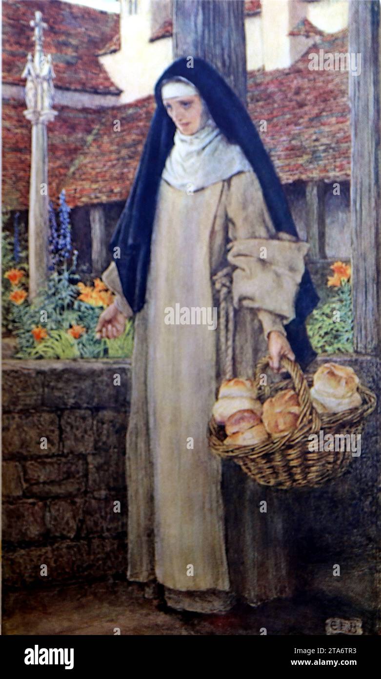 Guinevere: In düsterer Stimmung, mit einem Korb Brot. Colour Illustration, um 1911, von Eleanor Fortescue Brickdale (1872–1945), spielt in König Arthurs England. Eleanor war ein Künstler, der viele Illustrationen für Bücher malte, die oft in kräftigen Farben gehalten wurden. Sie studierte bei Herbert Bone an der Crystal Palace School of Art und später an der Royal Academy School und lehrte später Kunst an der Byam Shaw School of Art Stockfoto