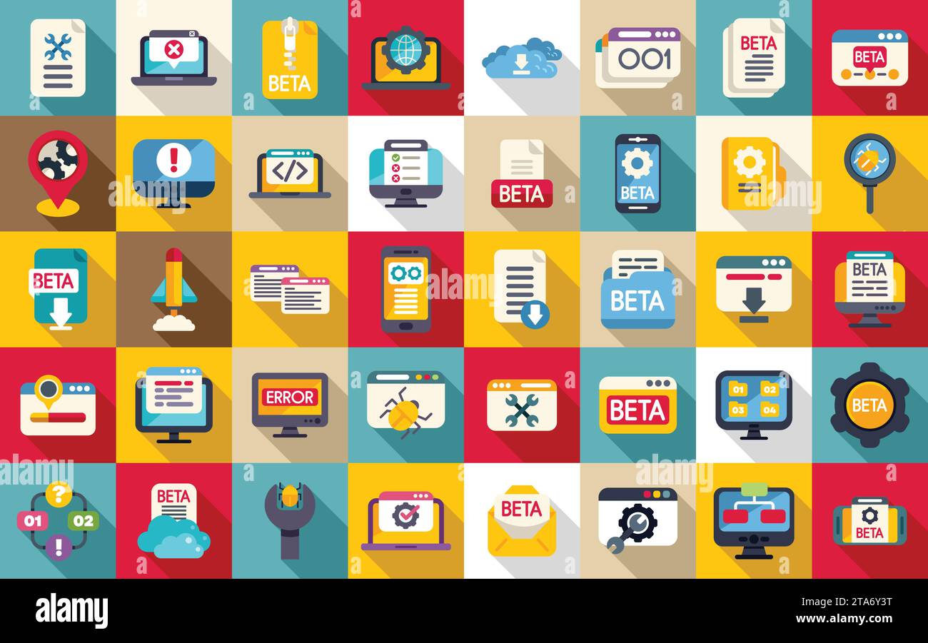 Symbole für Beta-Version legen einen flachen Vektor fest. Code-Bug erstellen. Programmier-App-Tester Stock Vektor
