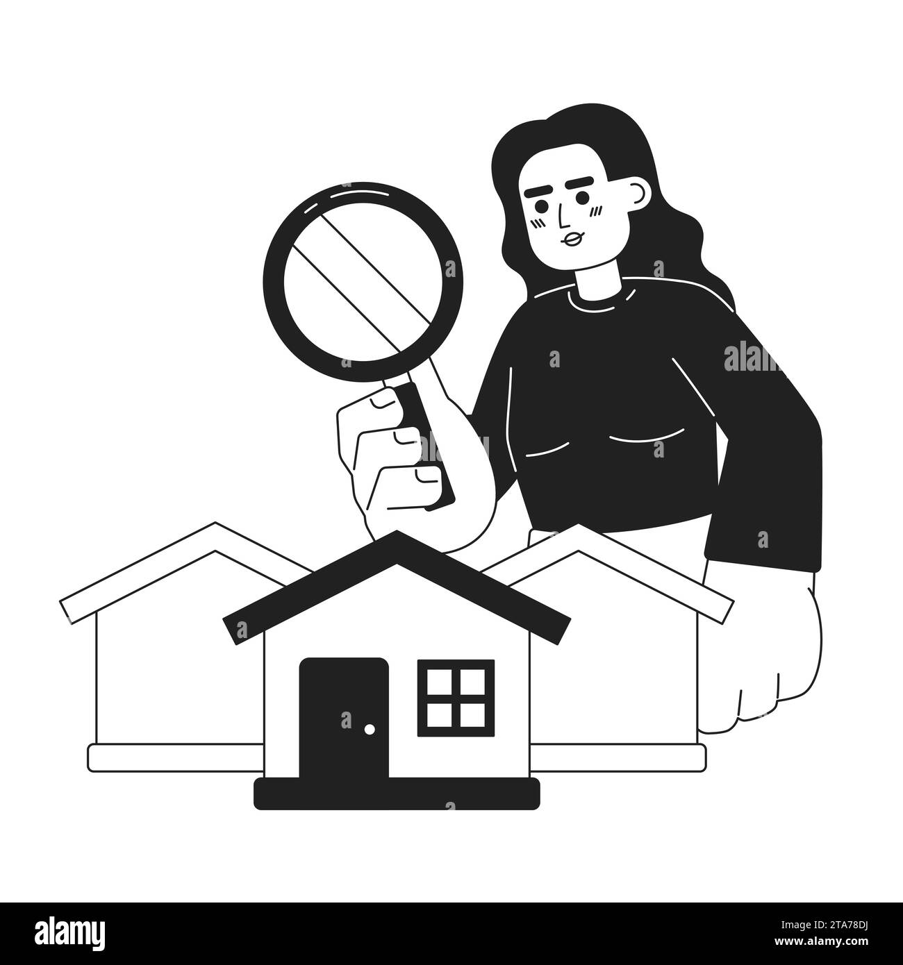 Suche nach Vorstadthäusern zum Verkauf Schwarzweiß 2D-Illustrationskonzept Stock Vektor