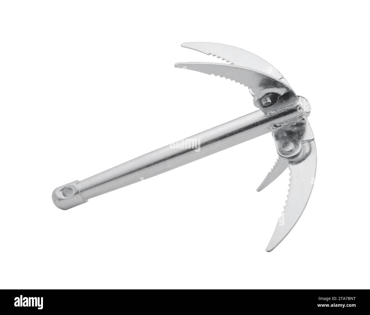 Moderner kleiner Faltanker aus Metall für Boote isoliert auf weiß. Stockfoto