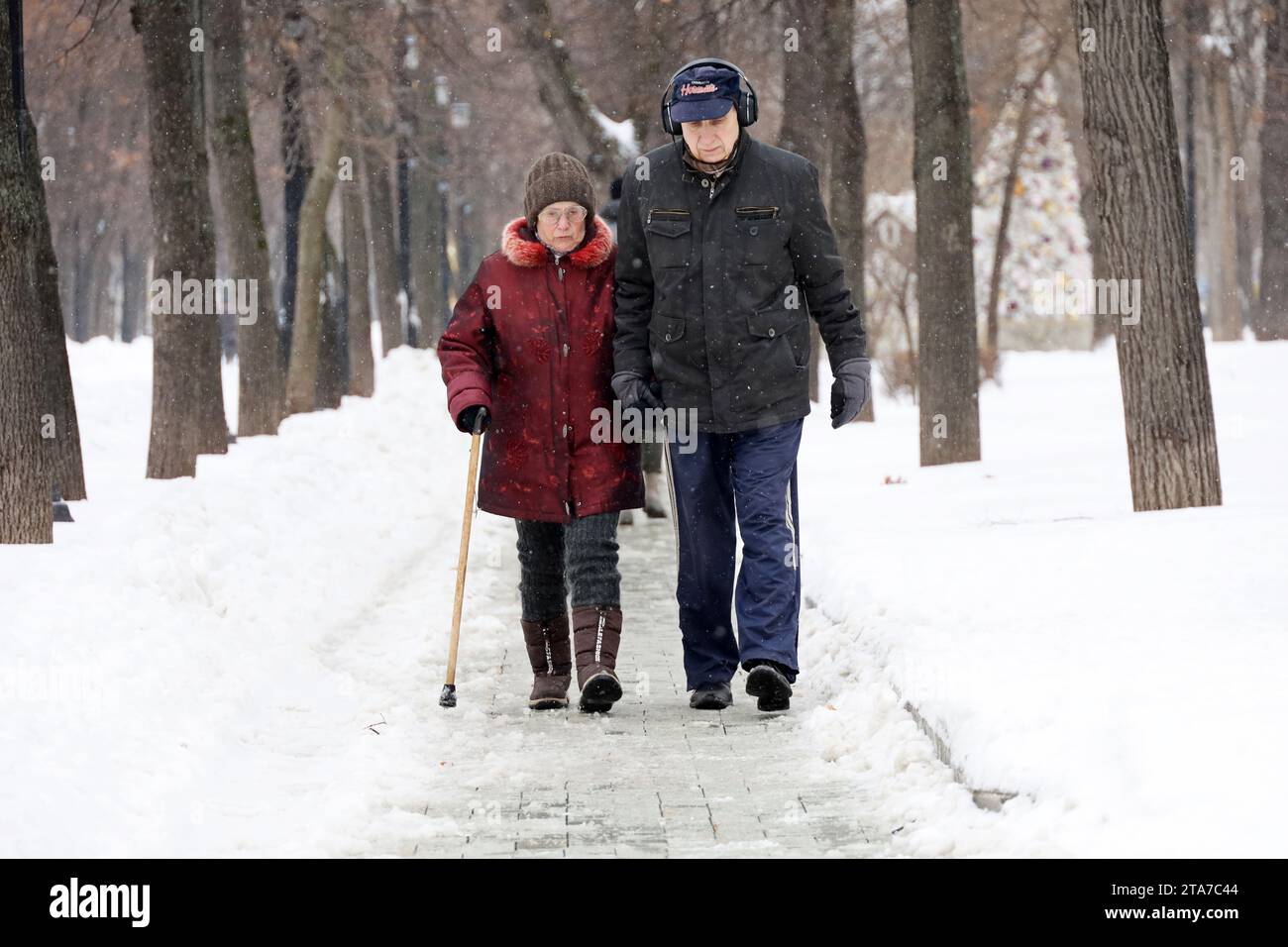 Ältere Frau mit Stock und Mann, die im Winterpark spazieren gehen. Altes Paar in warmen Kleidern bei Schnee Stockfoto