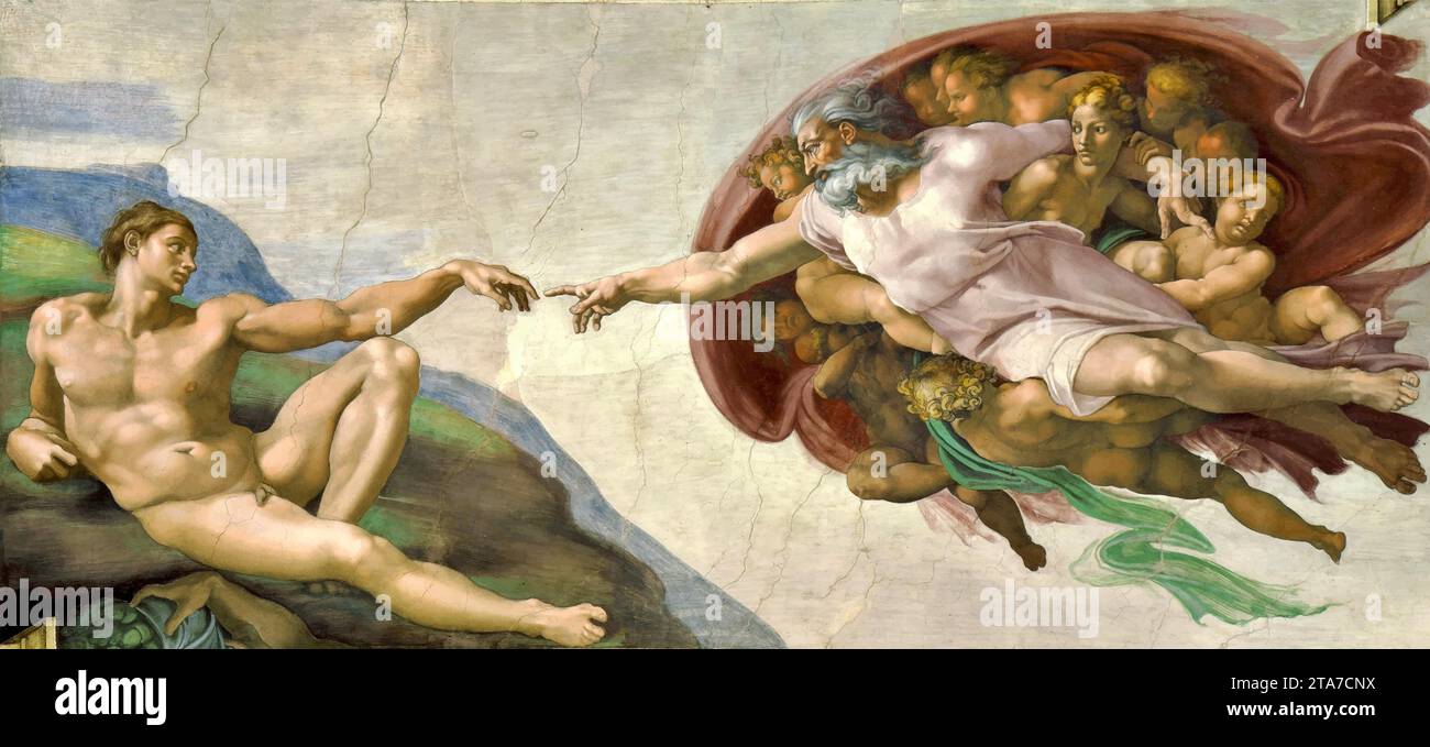 The Creation of Adam, 1511-12 (Fresko) des Künstlers Buonarroti, Michelangelo (1475–1564) / Italienisch. Stock Vektor