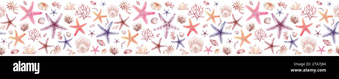 Seesterne nahtlose Grenze. Aquarellunterwassertiere auf isoliertem Hintergrund für Banner. Natur des Meeresbodens. Horizontales maritimes Ornament. Stockfoto