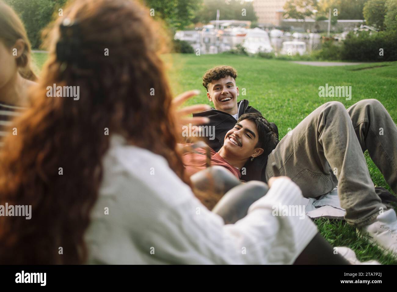 Lächelnde männliche Freunde, die sich mit weiblichen Freunden unterhalten, während sie im Park liegen Stockfoto