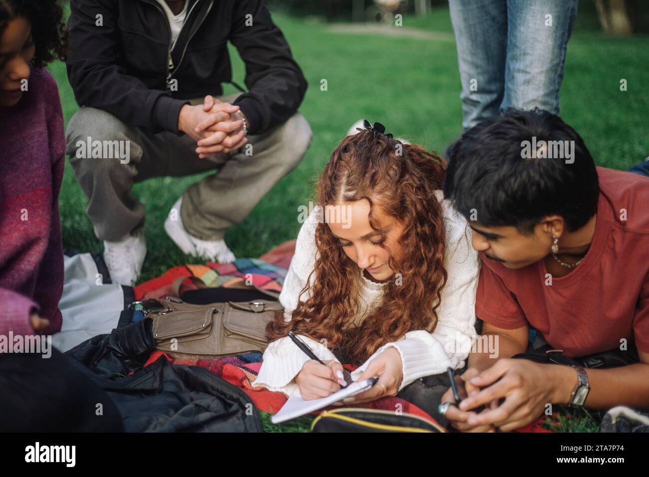 Ein Teenager schreibt im Buch, während er sich neben einem männlichen Freund im Park liege Stockfoto