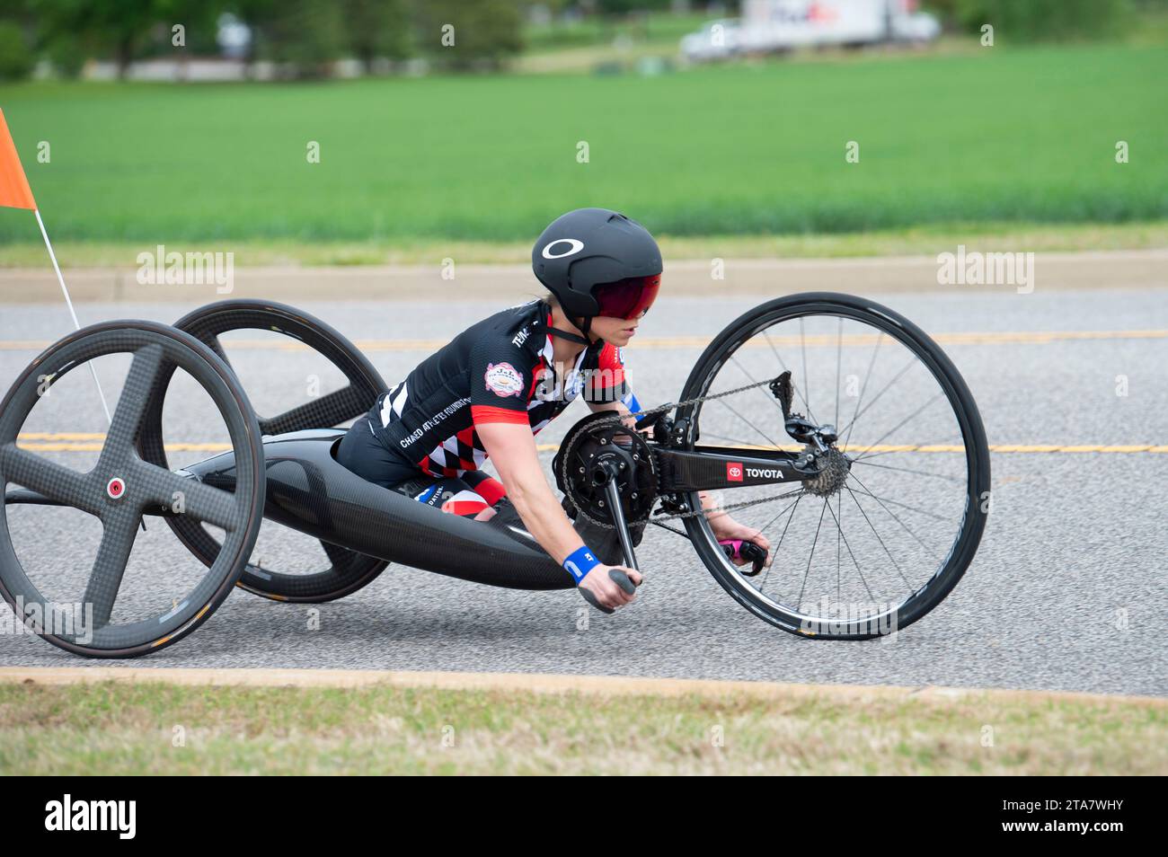 Die Paracyclistin Oksana Masters trainiert für das Zeitfahren vor den US Paracycling Open in Huntsville, Alabama Stockfoto