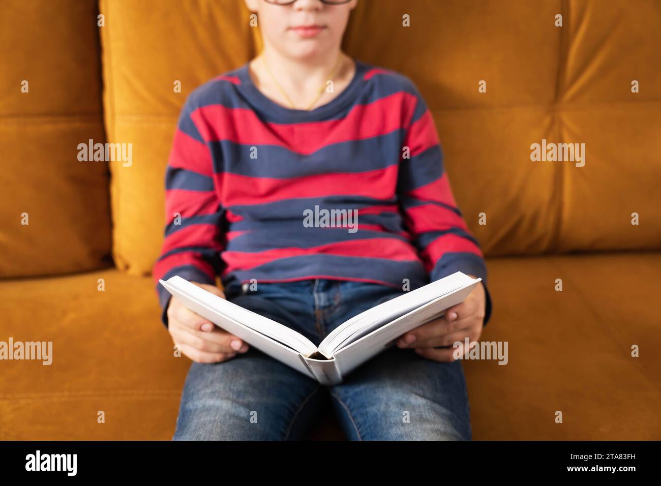Ein junger, neugieriger Junge mit einer Brille ist vollständig in ein Buch eingetaucht, während er bequem auf der Couch sitzt, was die Freude der jungen Entdeckungen und des anderen unterstreicht Stockfoto
