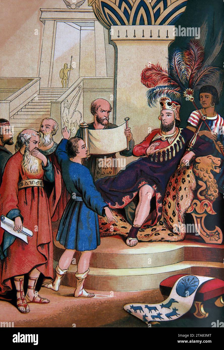 Illustration von Joseph, der die Träume des Pharoah interpretiert (Genesis) aus dem. Altar der Haushaltsbibel Stockfoto