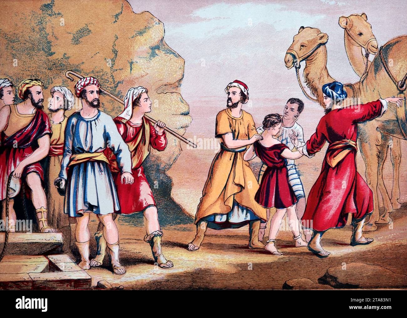 Joseph wird von seinen Brüdern an die Ismeeliten verkauft (Genesis) vom Altar der Haushaltsbibel Stockfoto