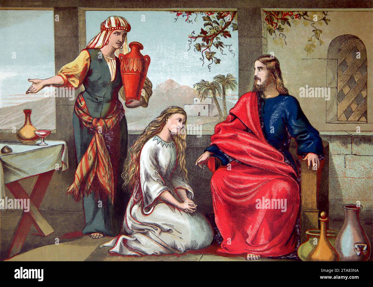 Illustration Jesu in der Wohnung von Martha und Maria (Evangelium von Lukas) aus dem Altar der Haushaltsbibel Stockfoto