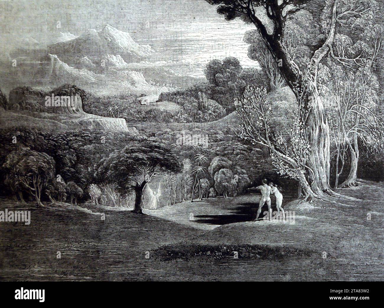 Holzgravur von Before the Fall aus dem Gemälde von John Martin K.L - Adam und Eva im Garten Eden, der auf einen Cherubim aus den Illus zeigt Stockfoto