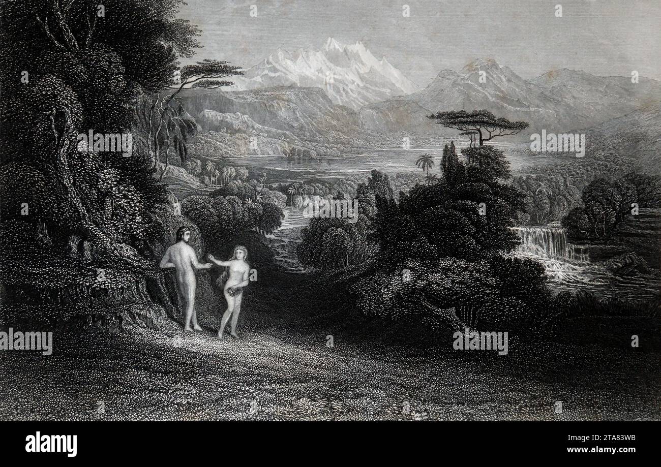 Illustration vom Fall des Menschen (1. Mose) aus der illustrierten Familienbibel - Eva verführt Adam mit der verbotenen Frucht im Garten Eden Stockfoto