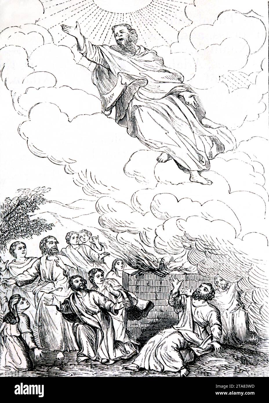 Illustration der Übersetzung des Henoch von Le Brun (Genesis) Henoch in den Himmel aus der illustrierten Familienbibel Stockfoto