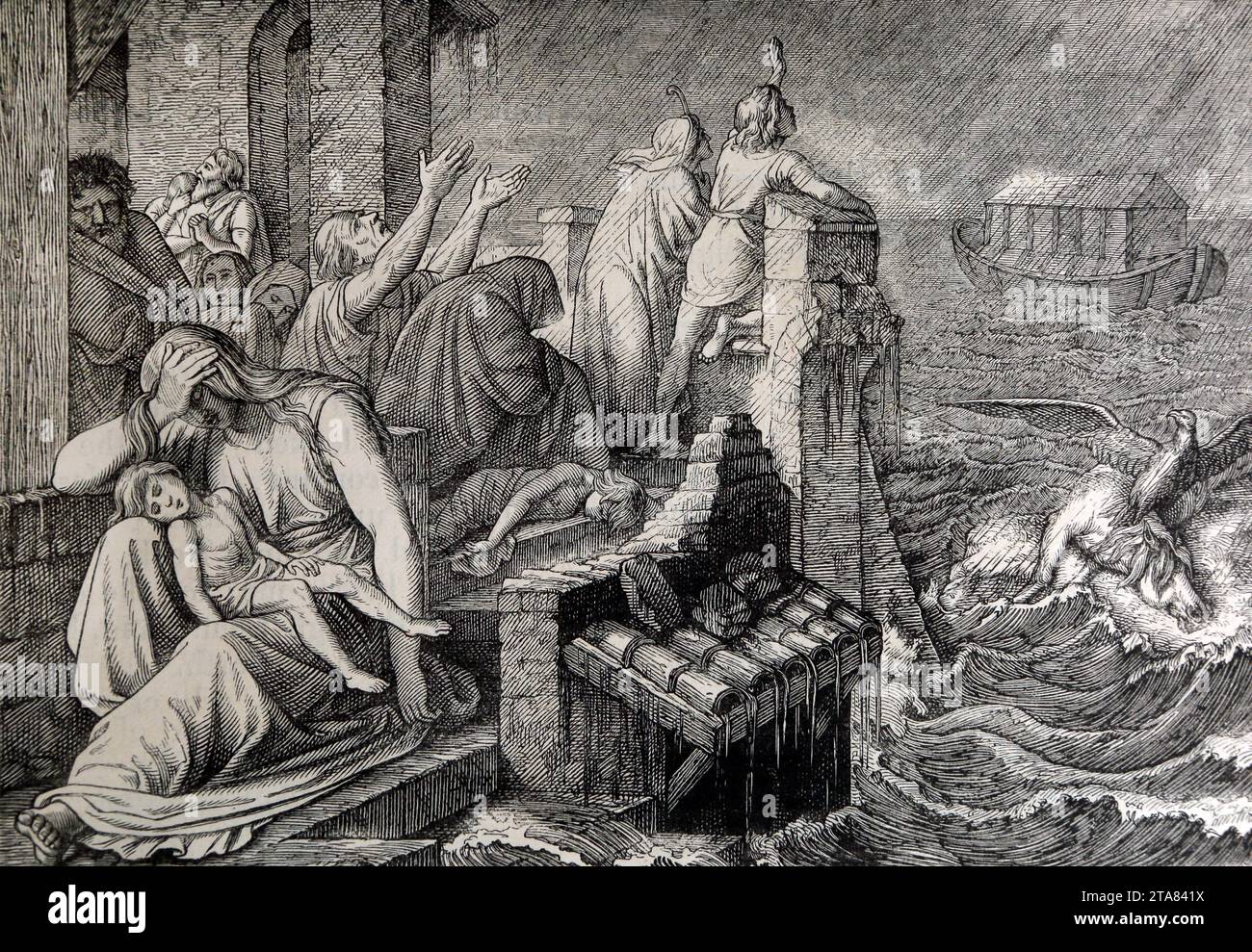 Illustration der Sintflut Genesis aus der illustrierten Familienbibel Stockfoto