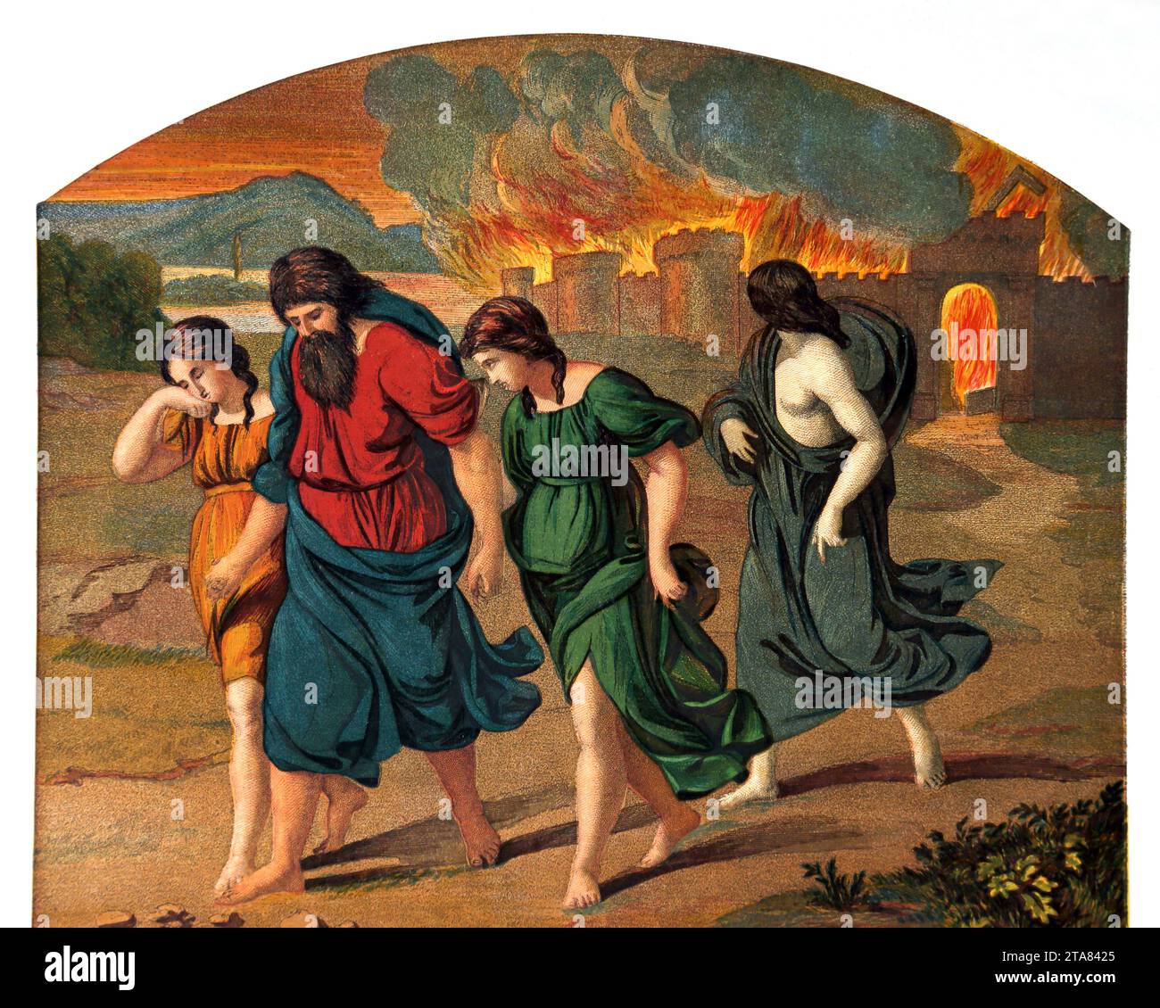 Illustration der Flucht Lots und seiner Familie aus Sodom mit der Zerstörung von Sodom und Gomorra dahinter (Genesis) aus der illustrierten Familienbibel Stockfoto