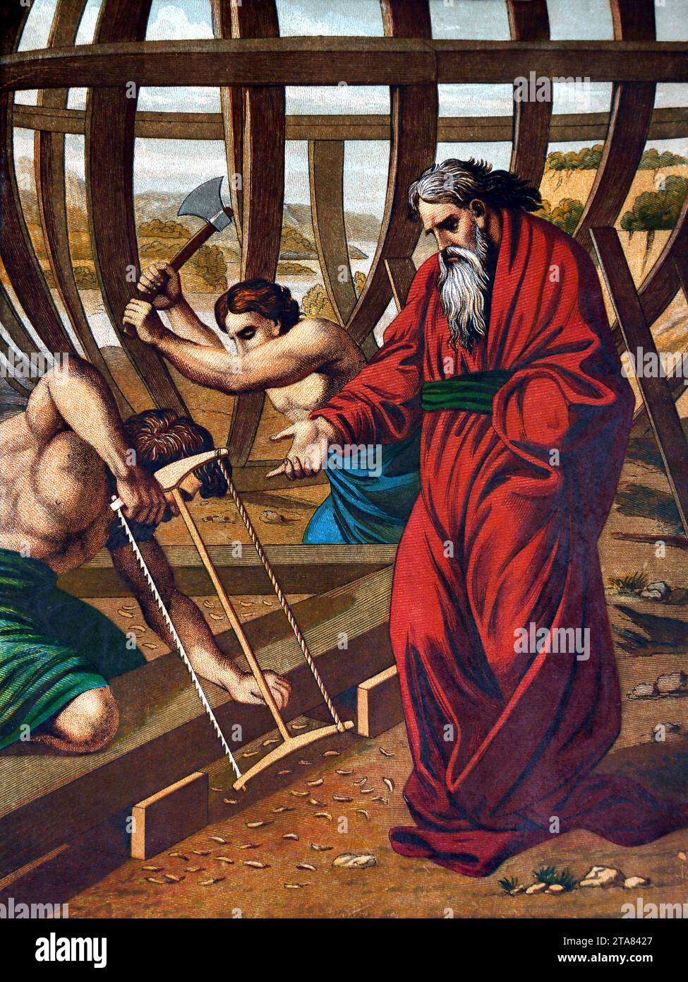 Illustration von Noah und dem Bau der Arche (Genesis) aus der illustrierten Familienbibel Stockfoto