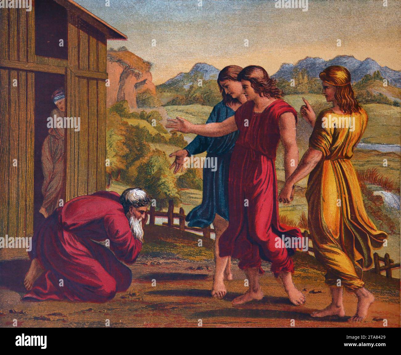 Abbildung von drei Engeln, die Abraham erscheinen (Genesis) Abraham begrüßt die Engel, die sich vor seiner Frau Sarah verbeugen Stockfoto