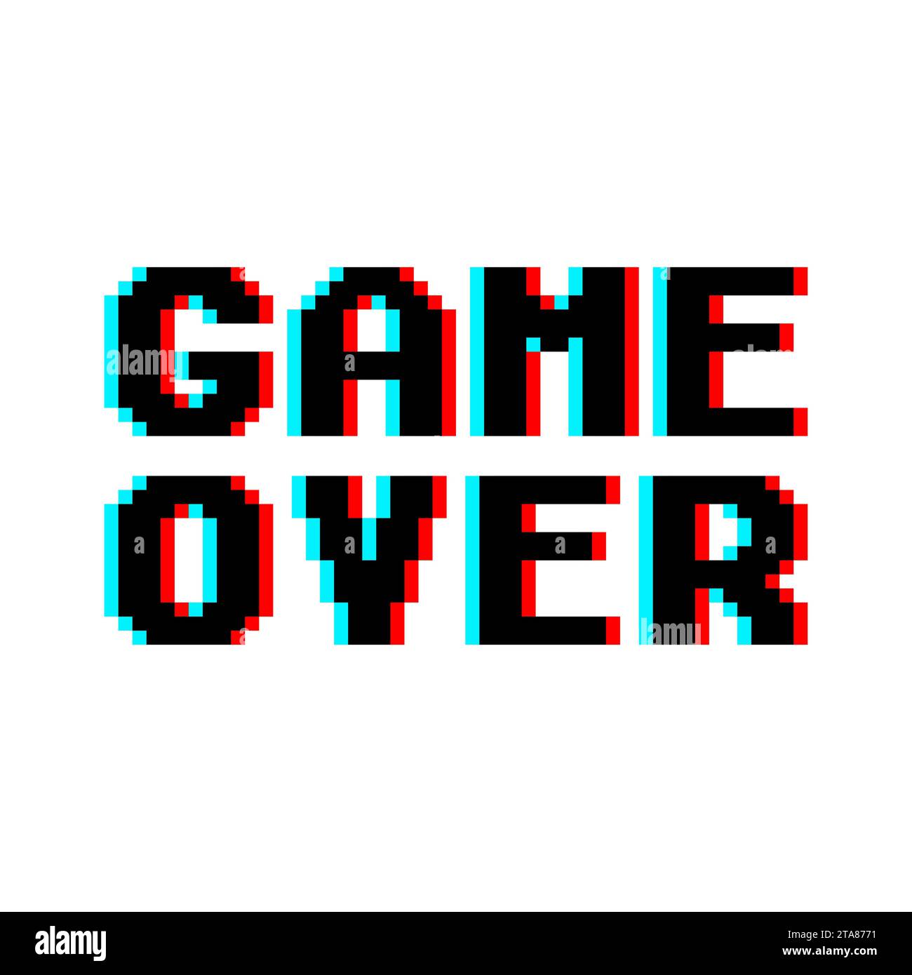 Spiel-over in Retro-Pixel-Art-Design Glitch und Rauschen Stil isoliert auf weißem Hintergrund. Konzept des Levelfinals im virtuellen Gaming Stock Vektor