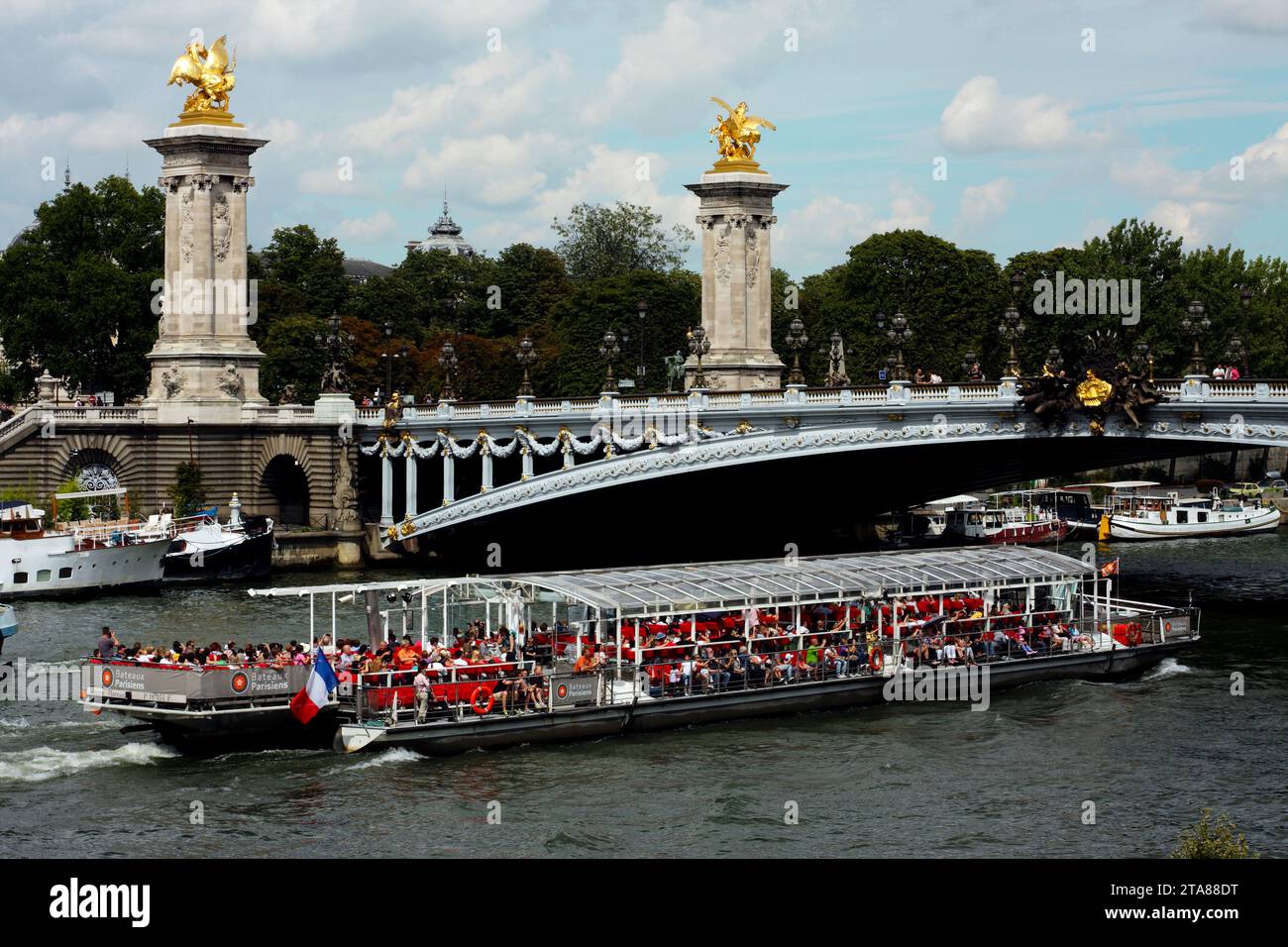 Tourboot an der Alexander III Brücke, Paris, Frankreich Stockfoto