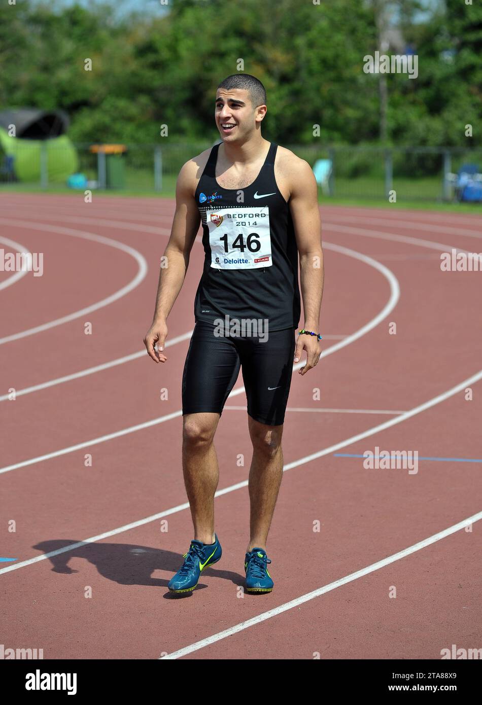 Adam Gemili (East London University), der in der U23 100 m bei den BUCS (British Universities and Colleges Sport) Championships, Bedford Athl, antrat Stockfoto