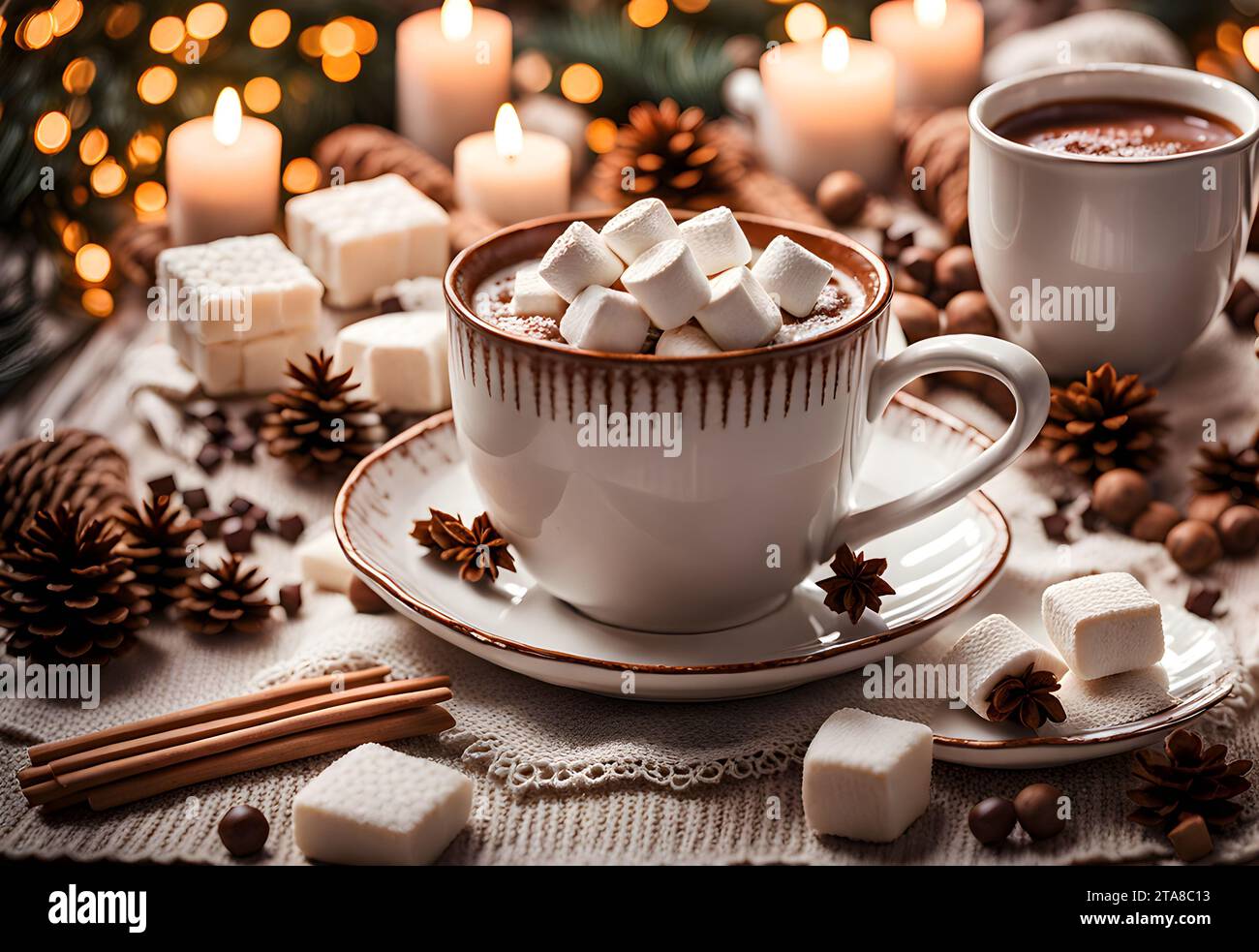 Eine gemütliche und einladende Szene mit einem Becher gefüllt mit heißem Kakao und Marshmallows. Stockfoto