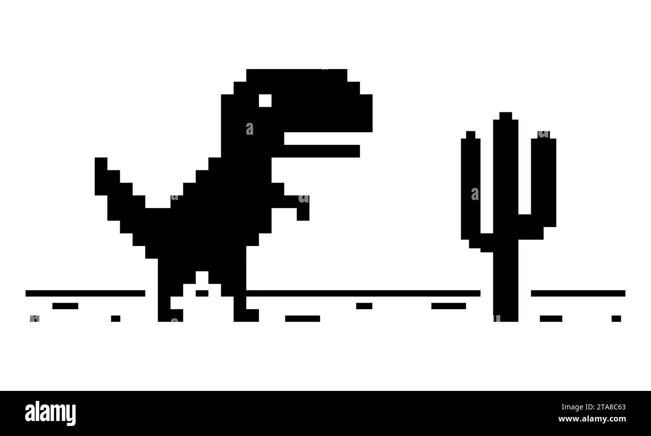 Pixelkunst von Dinosaurier- und Kaktussymbol isoliert auf weißem Hintergrund. Offlinefehler für Internet. Vektor-Illustration des Charakterspiels. Stock Vektor