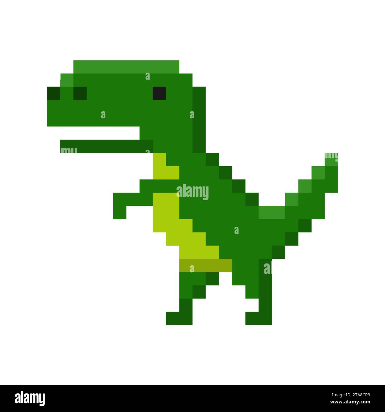 Pixelkunst der Dinosaurier-Ikone isoliert auf weißem Hintergrund. Großer fröhlicher prähistorischer grüner tyrannosaurus. Vektor-Illustration des Charakterspiels. Stock Vektor