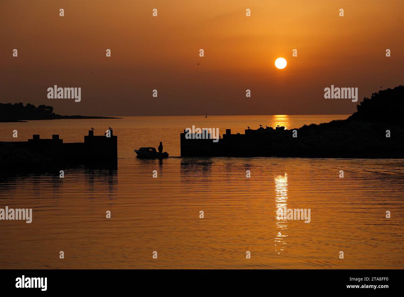 Silhouette eines Mannes in einem kleinen Boot, das den Hafen bei Sonnenuntergang in Vrsar, (Orsera), Istrien, Kroatien, Europa verlässt. Stockfoto
