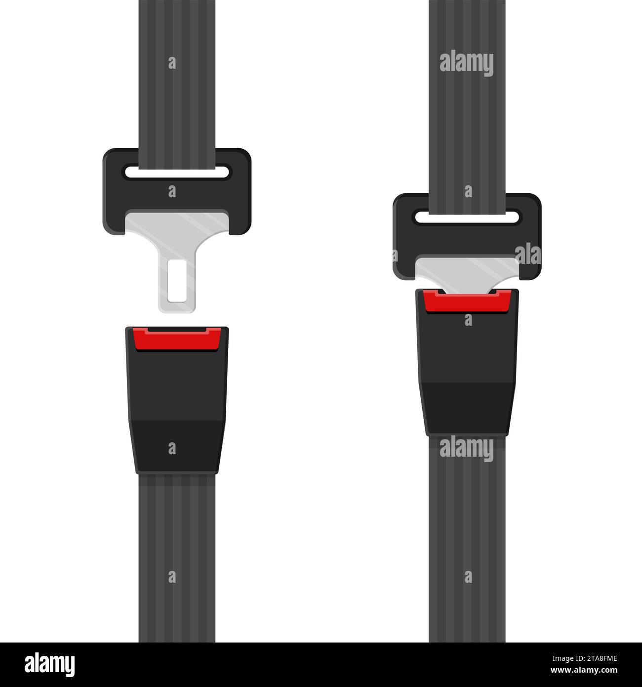 Entriegelter und blockierter Sicherheitsgurt für Fahrer und Beifahrer mit Verschluss und schwarzem Gurt auf weißem Hintergrund. Sicherheitsgurt zum Schutz. Sicherheitsausrüstung Stock Vektor