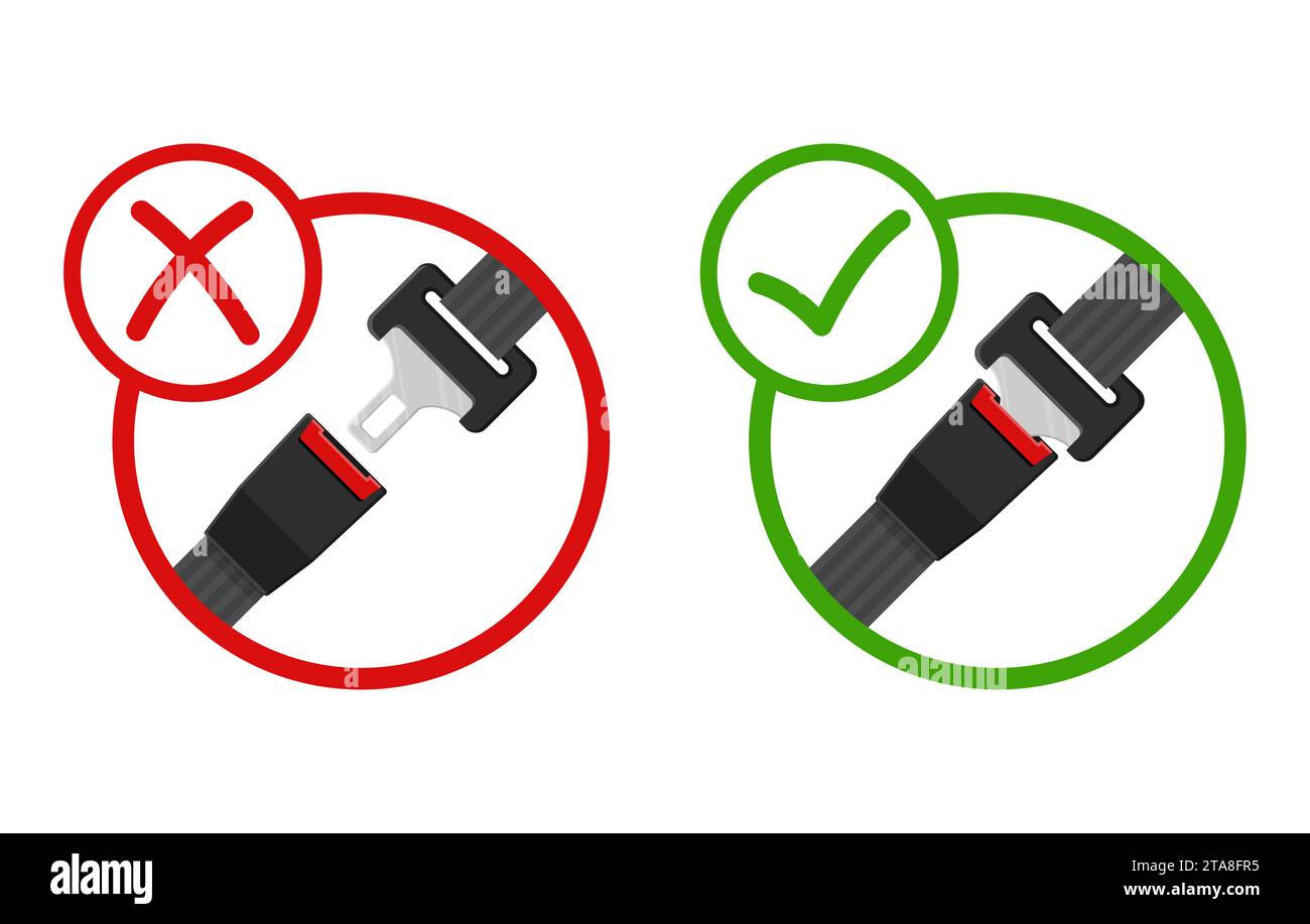 Legen Sie die Sicherheitsgurte an, entriegeln und blockieren Sie die Sicherheitsgurtsymbole für Fahrer und Beifahrer mit Befestigungselement und schwarzem Gurt. Sicherheitsgurt zum Schutz Stock Vektor