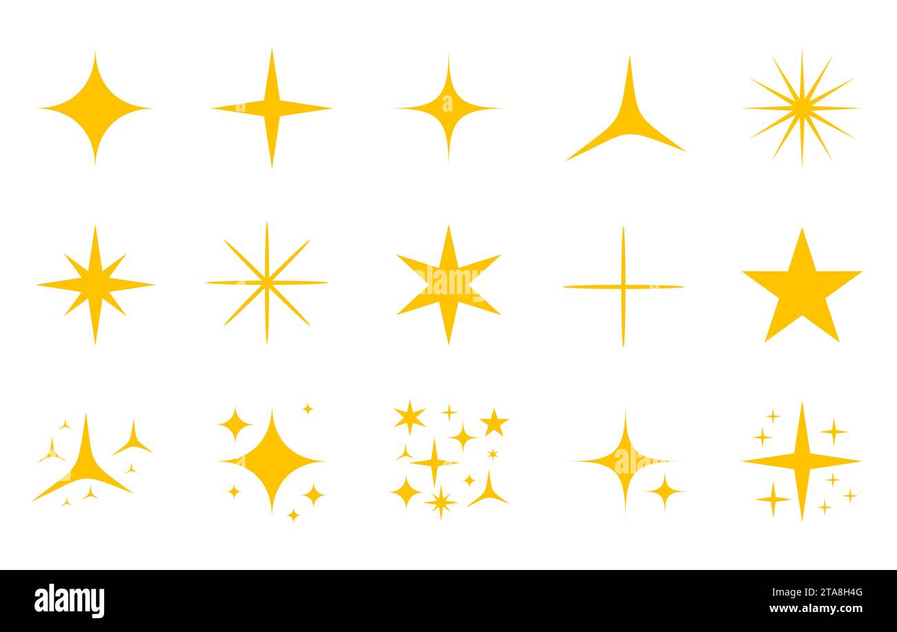 Gelbe, goldfarbene glitzernde Symbole auf weißem Hintergrund. Helles Feuerwerk, Dekoration funkelt, glänzender Blitz. Sterne und Bursts mit leuchtendem Licht Stock Vektor