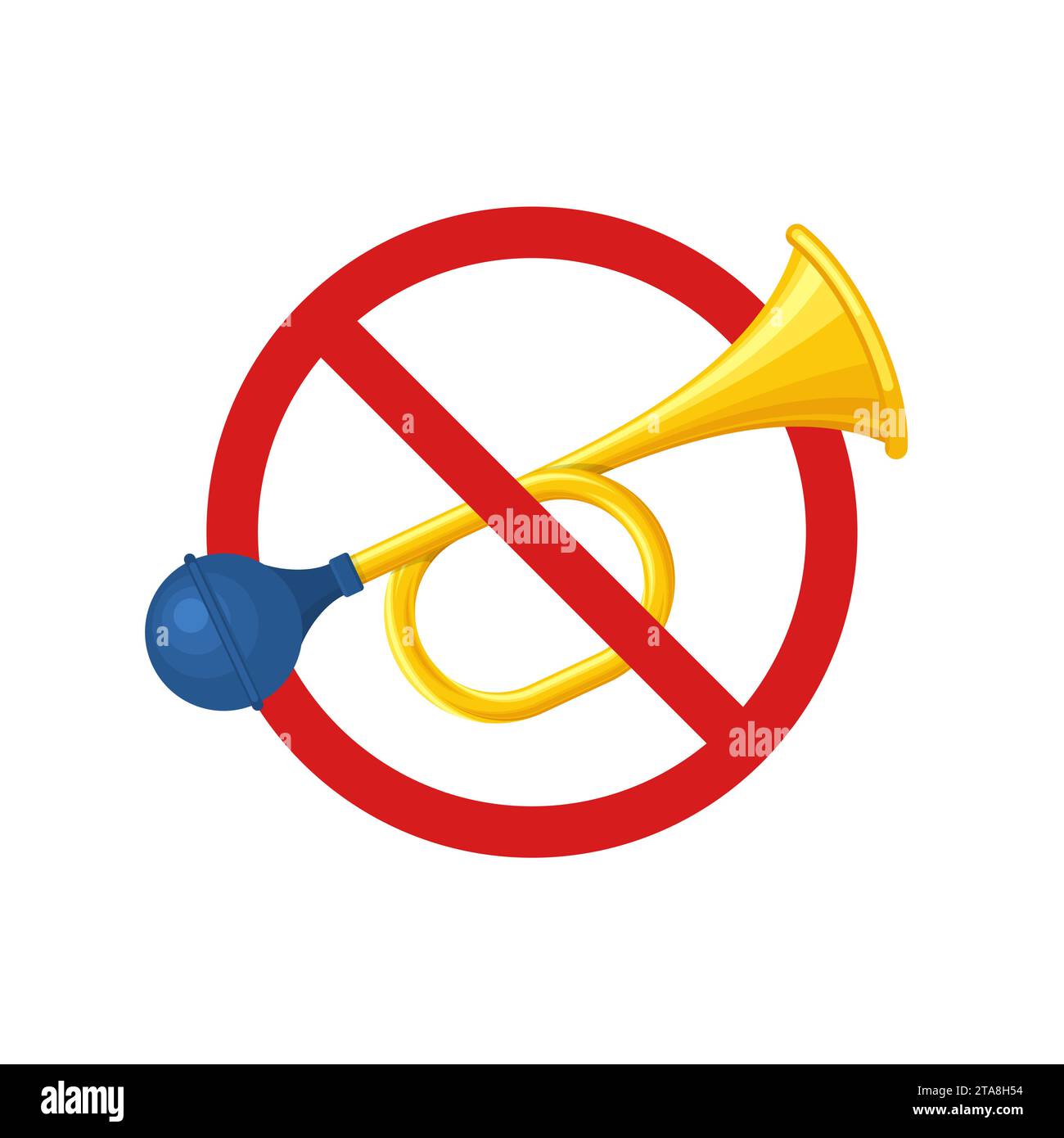 Kein Signalhorn auf weißem Hintergrund. Durchgestrichenes Signalhorn-Symbol, Verbot rauer Geräusche. Hupen verbieten. Kein lautes Symbol. Stock Vektor