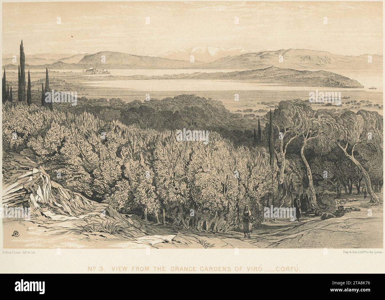 Blick von den Orangen Gärten von Viró - Corfú - Lear Edward - 1863. Stockfoto