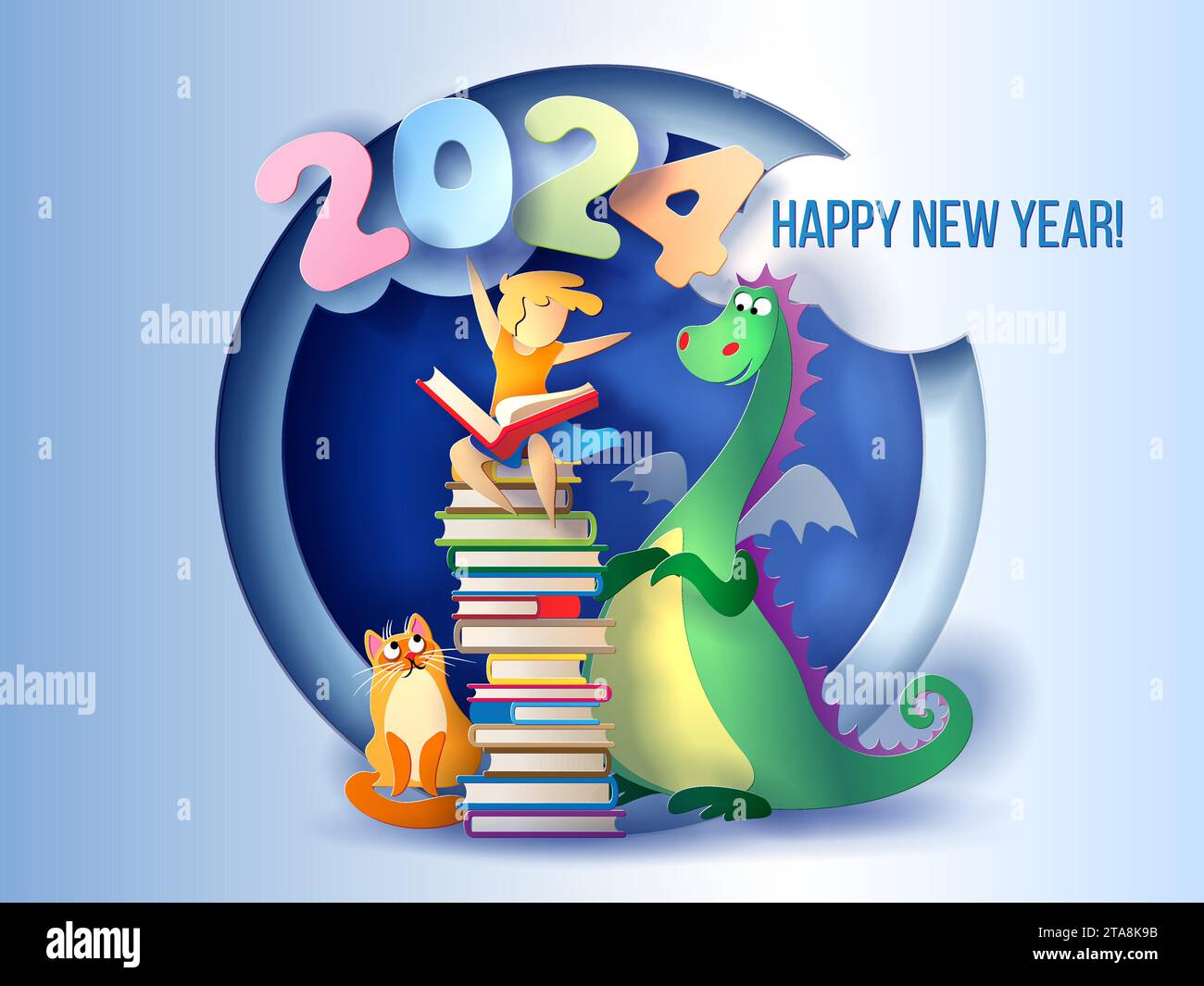 2024 Neujahrs-Designkarte mit Kindern, die auf Drachen auf violettem Hintergrund fliegen Stock Vektor