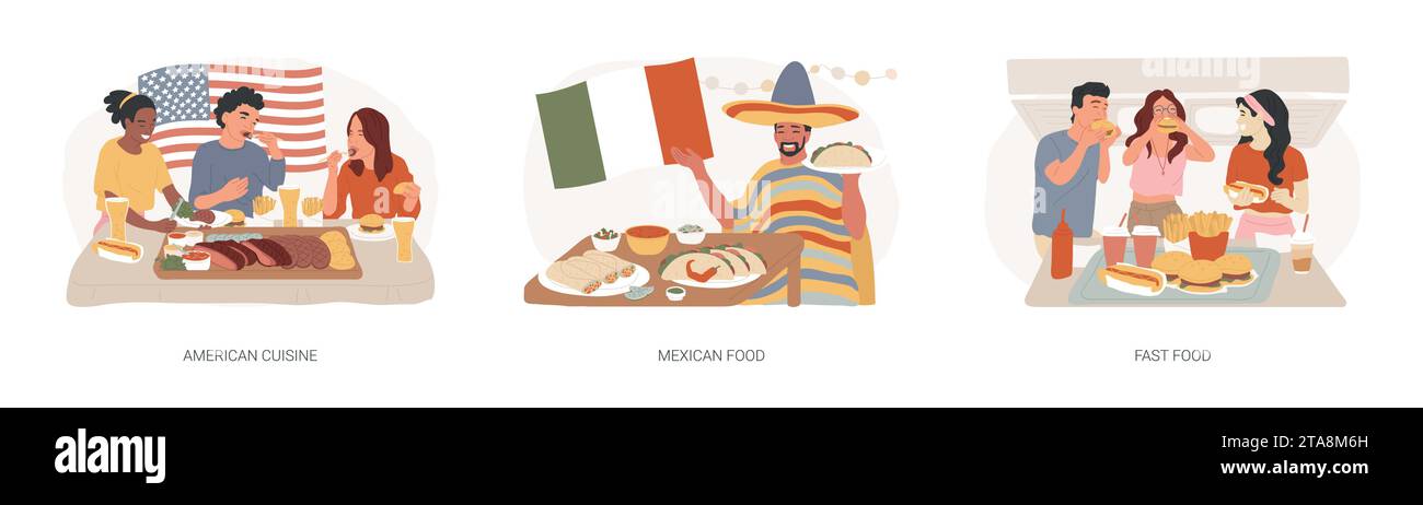 Nationale Küche isoliert Konzept Vektor Illustration Set. Amerikanische Küche, mexikanische und Fast Food, Grillgericht, Burrito-Rezept, Kettenrestaurant, Snackmenü, Vektorkonzept zum Mitnehmen von Mahlzeiten. Stock Vektor