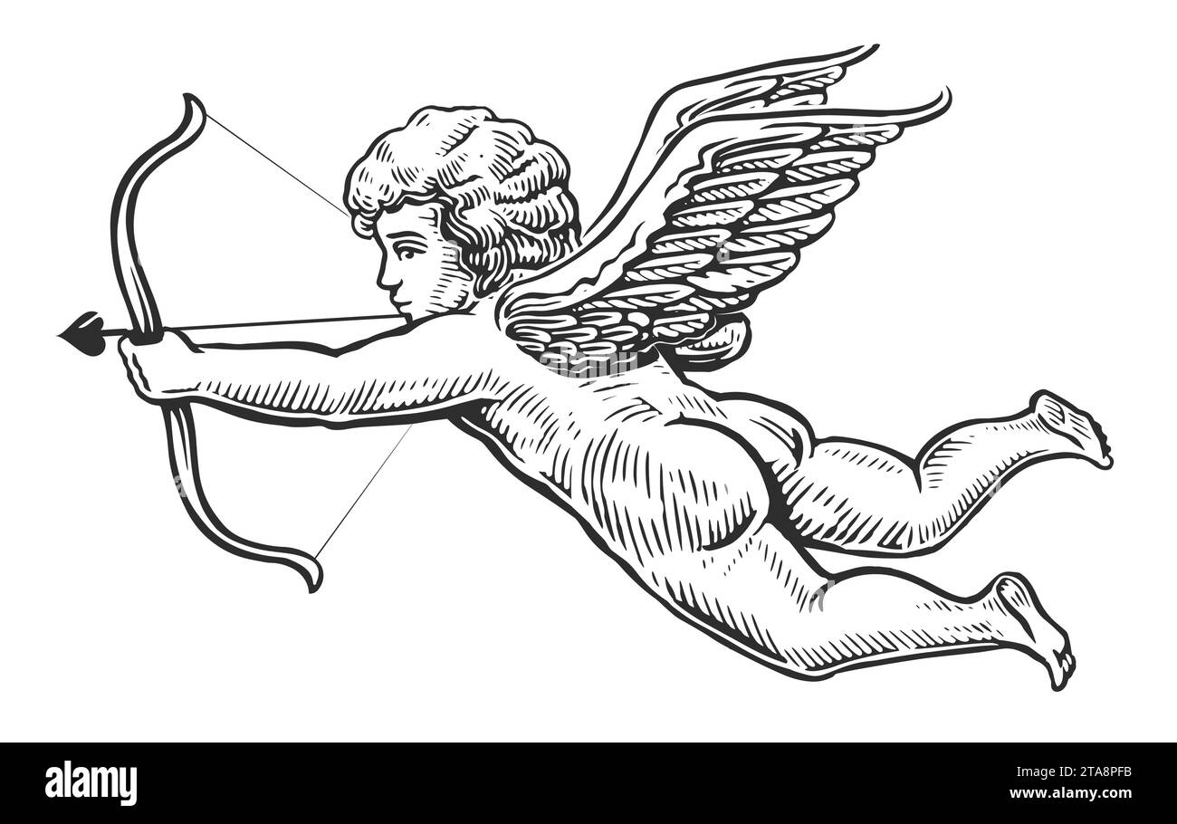 Fliegender Engel mit Pfeil und Bogen. Vintage monochrome Hand gezeichnete Vektor-Illustration Stock Vektor