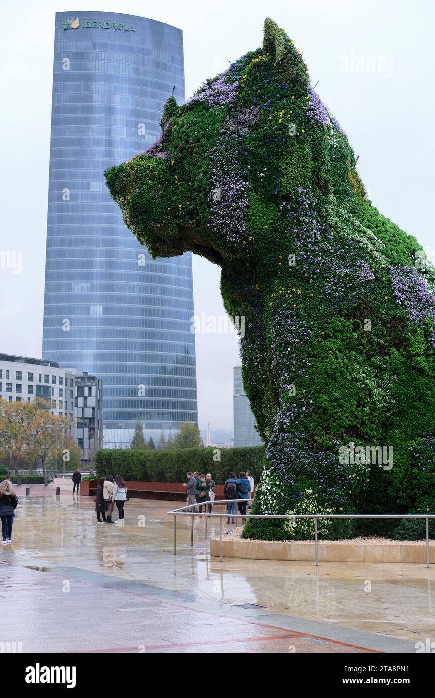 Hündchen ist eine der beeindruckendsten Skulpturen in der Stadt Bilbao. Es ist ein gigantischer Hund mit einer Haut aus Blumen, es wird von Tausenden besucht Stockfoto