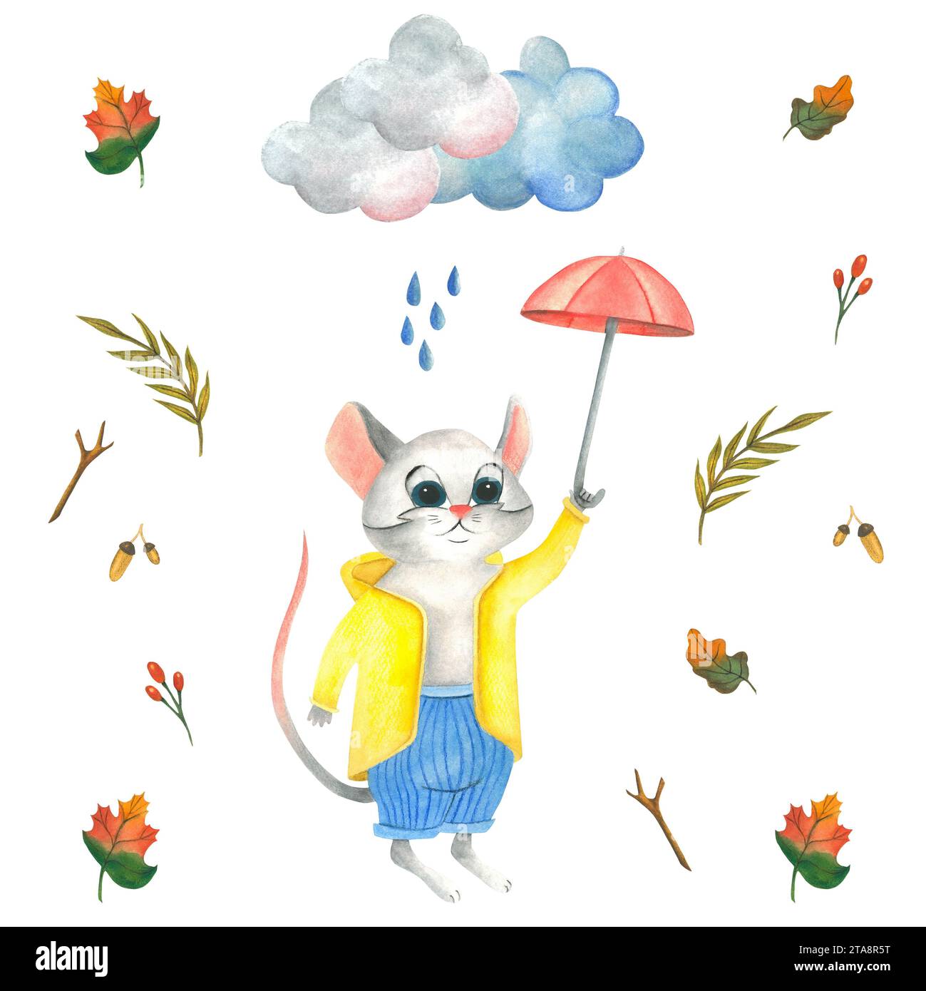Aquarellillustration nahtloses Muster einer grauen Maus in einem gelben Regenmantel und einer blauen Hose mit einem offenen roten Regenschirm und Herbstblättern, Wolken, Regen Stockfoto