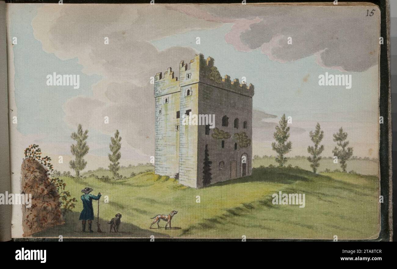 Blick auf Kilgoben (Kilgobbin) Castle, 8 Meilen von Dublin - RIA MS 3 C 3115 - from Watercolor by Gabriel Beranger - ca. 1729-1817. Stockfoto