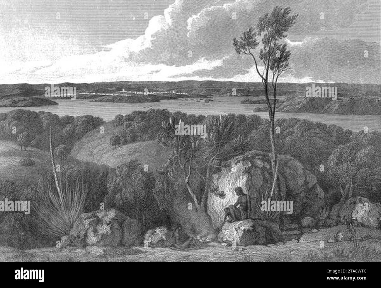 Blick auf Port Jackson, aufgenommen vom South Head from A Voyage to Terra Australis (1814) von Matthew Flinders. Stockfoto