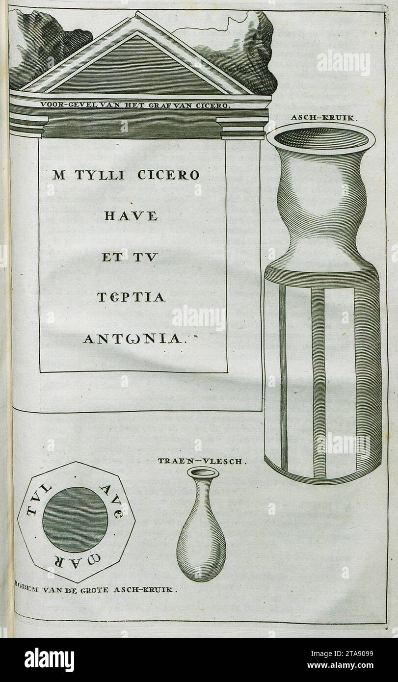 Blick auf die Vorderseite des römischen Grabes von Zakynthos, fälschlicherweise als das Grab von Cicero Vasen aus dem Denkmal - Dapper Olfert - 1688 wahrgenommen. Stockfoto