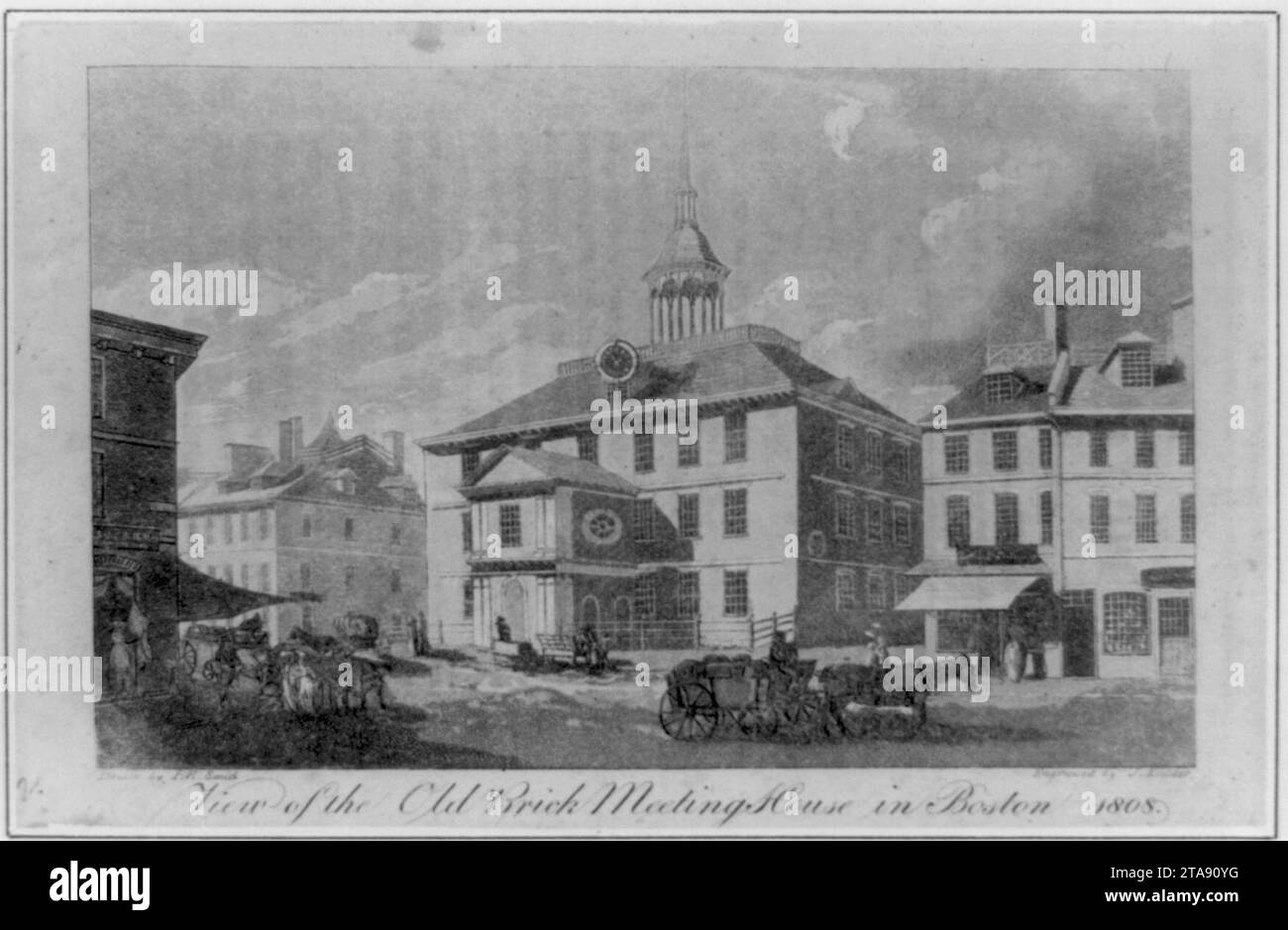 Ansicht des Old Brick Meeting House in Boston, 1808 - gezeichnet von I. R. Smith; Gravur von J. Kidder. Stockfoto