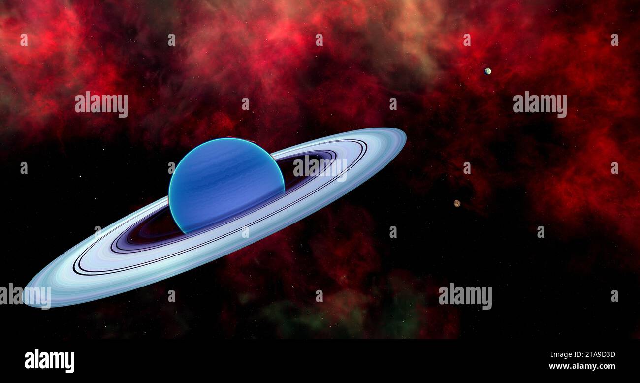 Dieser blaue, warme neptun-Planet mit einem Ring-Mond-System ist ein Exoplanet außerhalb unseres Sonnensystems. Stockfoto